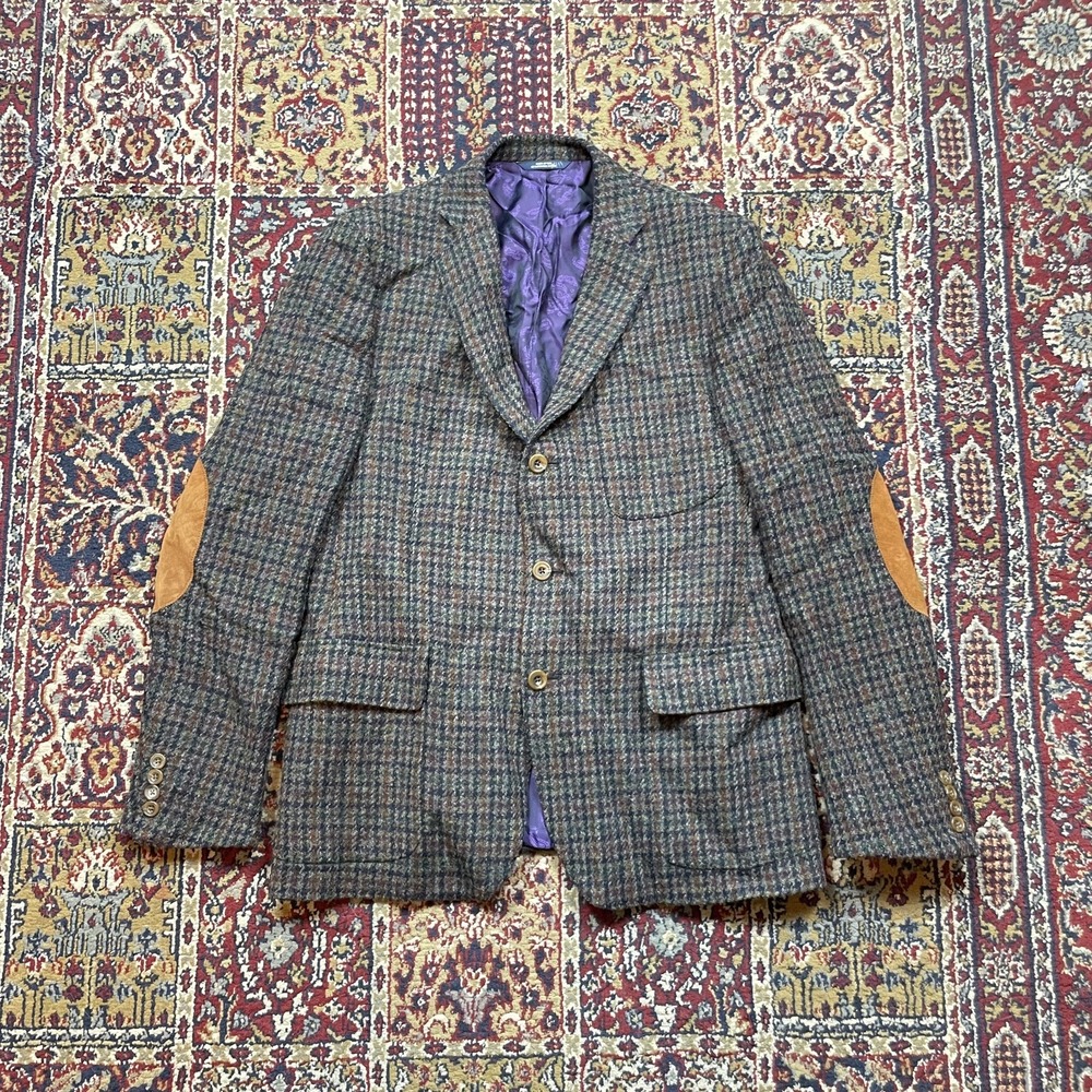 VTG Southwick‎ Sport Coat Brown Wool Plaid Purple Suede Harris Tweed 3 Button 42